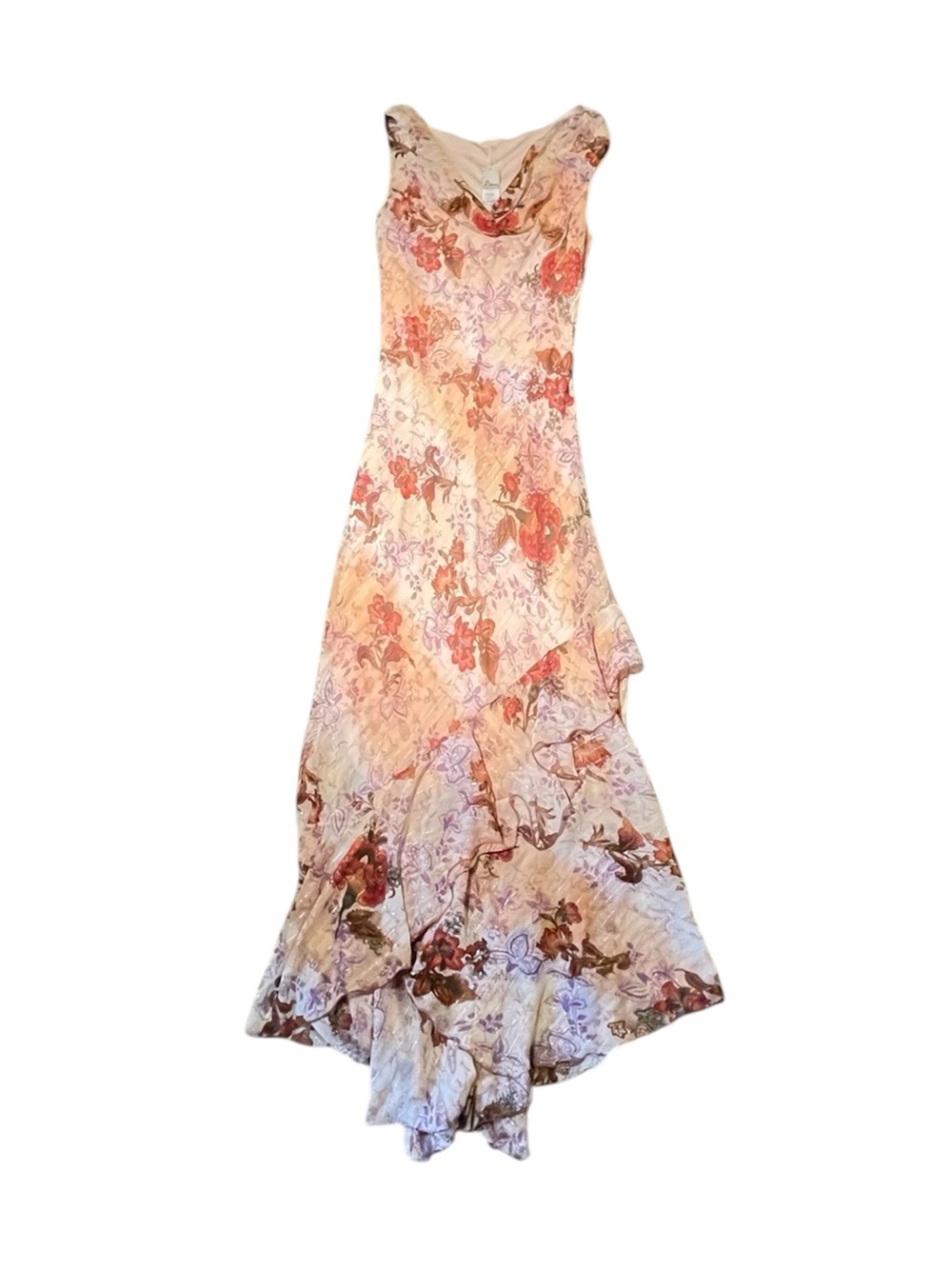 Dunamis Floral Maxi Dress Cowl Neck Sleeveless Chiffon Orange Purple Pink M